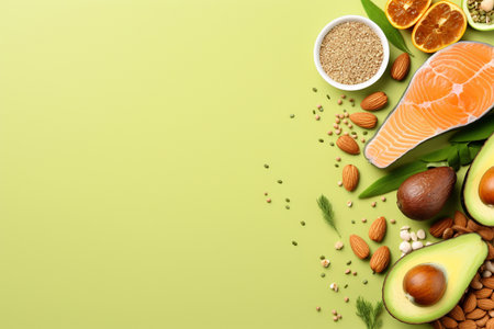 Healthy food clean eating selection: salmon, avocado, hazelnuts, seeds, lemon, tangerines on green backgroundの素材
