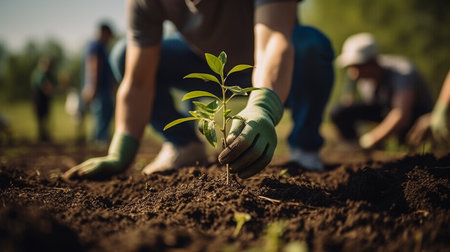 Close-up of a young man planting a tree in the gardenの素材