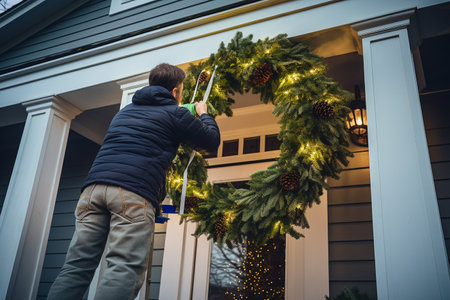 Man decorating the front door of a house with a Christmas wreathの素材