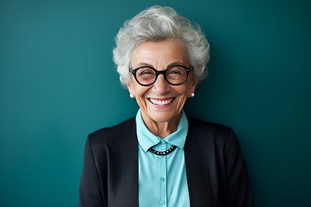 Portrait of a smiling senior businesswoman wearing eyeglasses standing against green backgroundの素材