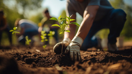 Young man planting a tree in the garden. Gardening concept.の素材