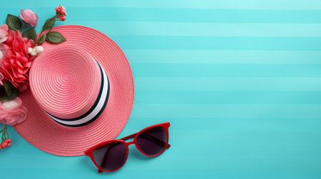 Pink hat, sunglasses and flowers on turquoise background with copy spaceの素材