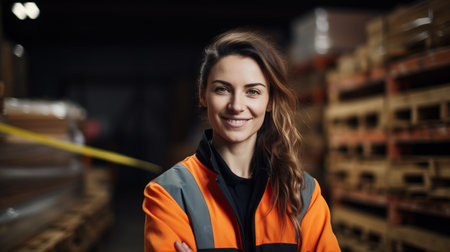 Portrait of smiling female warehouse worker standing with arms crossed in warehouseの素材