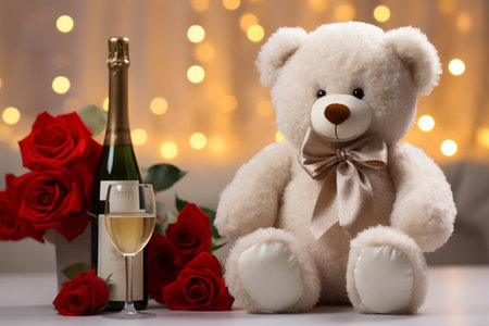 Teddy bear, champagne and red roses on bokeh backgroundの素材