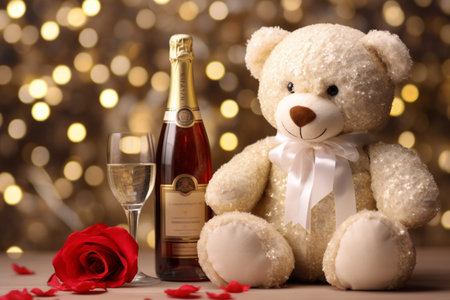 Teddy bear with bottle of champagne and red rose on bokeh backgroundの素材