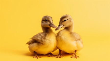 Two cute ducklings isolated on yellow background, studio shot, side viewの素材
