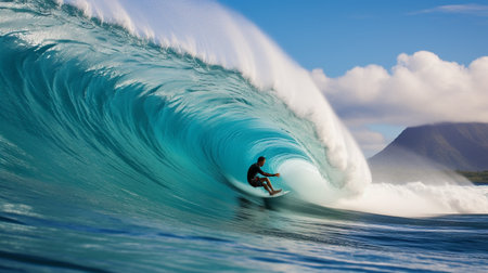 Surfer on Blue Ocean Wave. Action. Surfer on Blue Ocean Wave.の素材