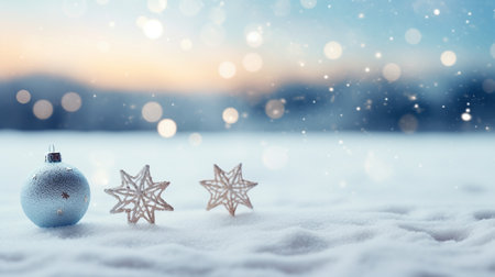 Christmas decoration on snow with bokeh background. Copy space.の素材