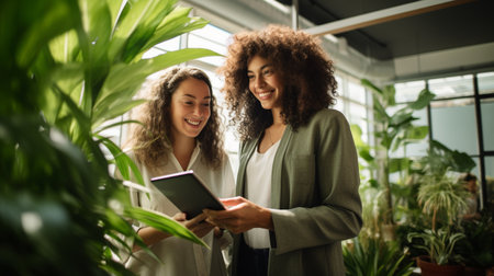 Two young businesswomen working together in the office and reading a bookの素材
