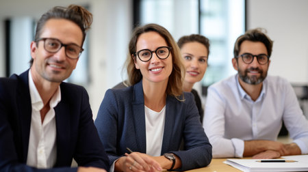 Portrait of business people sitting at table and smiling at camera in officeの素材