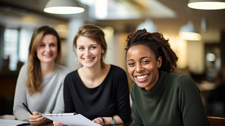 Portrait of smiling female university students sitting at table in college libraryの素材