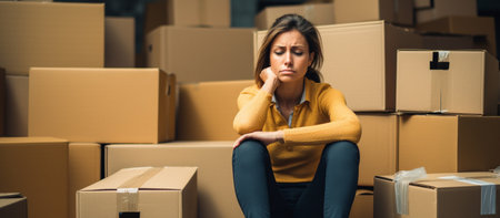 Portrait of sad young woman sitting among cardboard boxes in warehouse.の素材