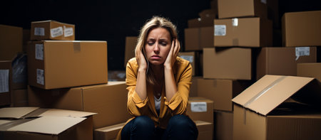 Stressed young woman sitting on the floor among boxes in a warehouseの素材