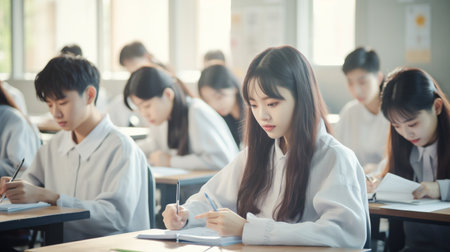 Group of Asian high school students studying in classroom. Education concept.の素材