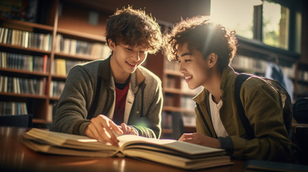 Two teenage boys studying together in library. Education and friendship concept.の素材