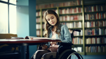 Portrait of a young female student in wheelchair at the library.の素材