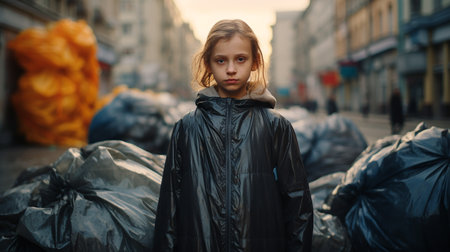 Portrait of a girl in a black raincoat against the background of garbage.の素材
