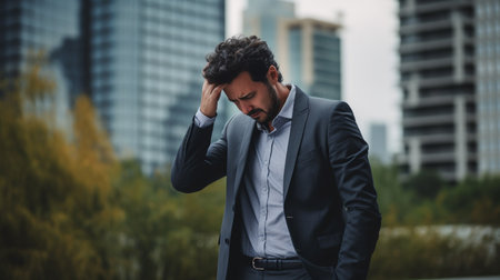 Young businessman in a suit is having a headache in the city.の素材