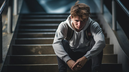 Young handsome man in sportswear sitting on stairs in urban settingの素材