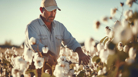 Portrait of mature male agronomist picking cotton flowers in cotton fieldの素材