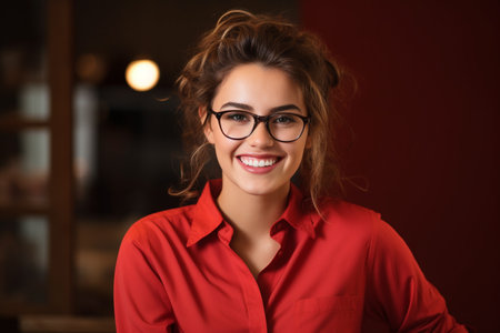 Portrait of beautiful young woman in red shirt and eyeglassesの素材