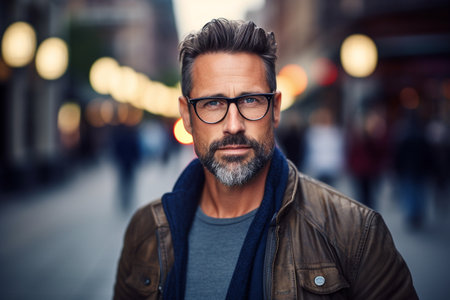 Portrait of a handsome mature man with beard and glasses looking at the camera in the city.の素材
