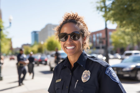 Smiling african american police officer with sunglasses standing in downtownの素材