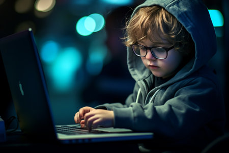 Cute little boy in eyeglasses using laptop computer at nightの素材