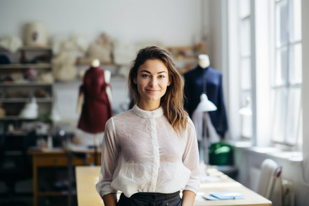 Portrait of a female fashion designer standing in her studio, looking at camera.の素材