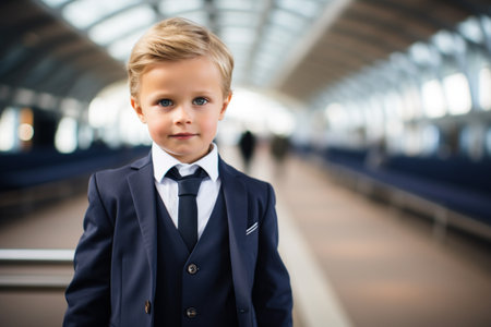 Portrait of a cute little boy in a suit on the train stationの素材