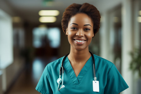 african american nurse or doctor with stethoscope at hospitalの素材