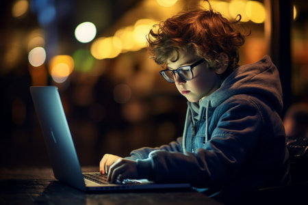 Cute little boy with red hair and glasses using laptop at nightの素材
