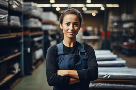 Portrait of a confident female warehouse worker standing with arms crossed in a warehouse.の素材