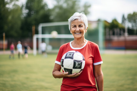 Portrait of senior woman holding soccer ball while standing on sports fieldの素材