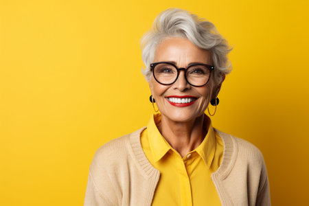 Portrait of smiling senior woman in eyeglasses on yellow backgroundの素材