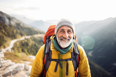 Senior man hiking in the mountains with a backpack and enjoying the viewの素材
