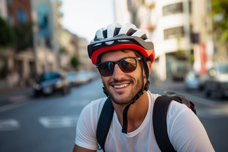 Portrait of a handsome young man with bicycle helmet and sunglasses in the cityの素材