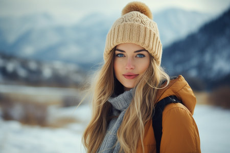 Portrait of a beautiful young woman in a knitted hat and coat on a background of winter mountainsの素材
