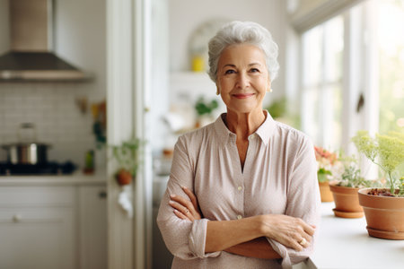 Portrait of smiling senior woman standing with arms crossed in kitchen at homeの素材