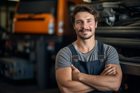 Portrait of smiling mechanic standing with crossed arms in auto repair shopの素材