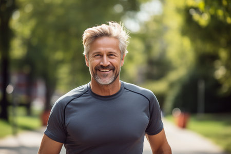 portrait of smiling middle aged man in sportswear standing in parkの素材