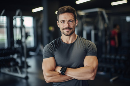 Portrait of handsome sporty man looking at camera while standing in gymの素材