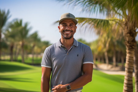 Portrait of happy young man standing with arms crossed on golf courseの素材