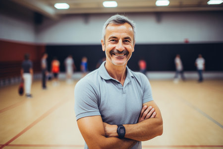 Portrait of senior man standing with arms crossed in fitness studio during breakの素材