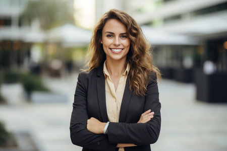 Portrait of smiling businesswoman with arms crossed standing outside office buildingの素材