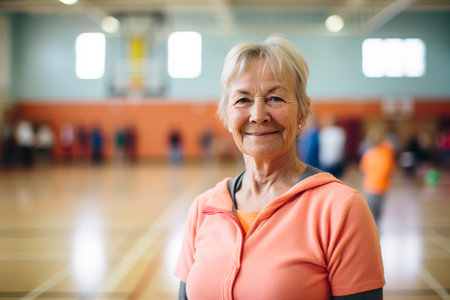 Portrait of smiling senior woman in sportswear standing in gymの素材
