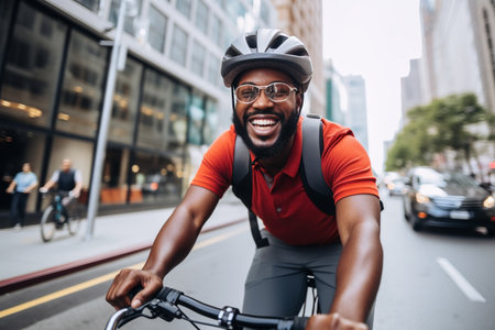 Cheerful african american man in helmet riding bicycle in cityの素材