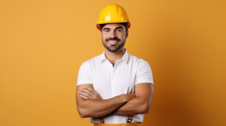 Portrait of happy male builder in hardhat standing with crossed arms isolated over yellow backgroundの素材