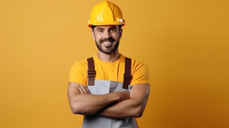 Portrait of confident male builder in hardhat standing with arms crossed isolated over yellow backgroundの素材