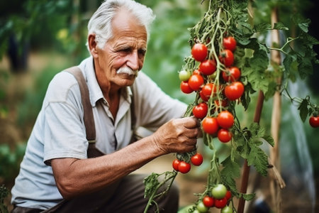Senior farmer harvesting tomatoes in his garden. Selective focus on the tomatoesの素材